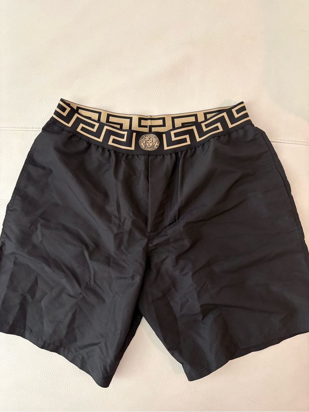 Versace Black Swim Shorts with Gold Greek Key and Baroque Print